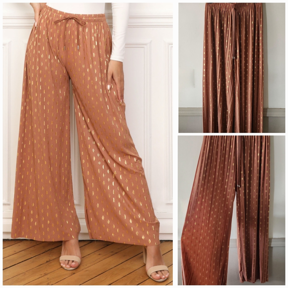 Women's Gold Patterned Wide-Leg Pants